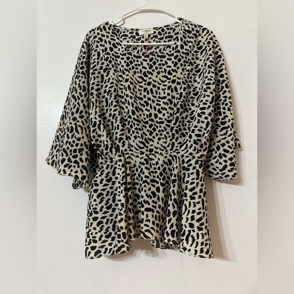 Umgee Leopard Dot Peplum Bell Sleeve Blouse